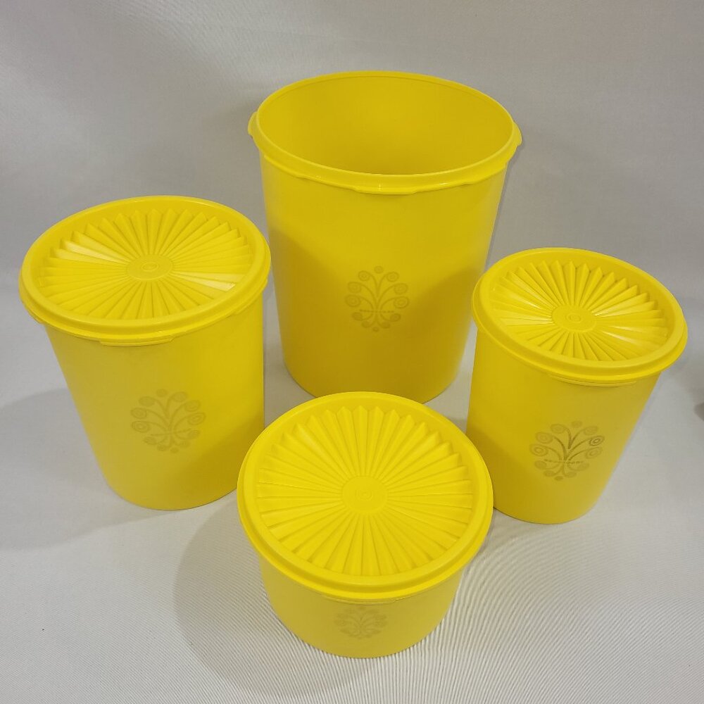 Tupperware Vintage Set 4 Daffodil Yellow Canister Storage Containers w Lids